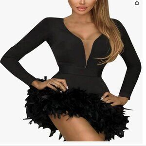 Feather Dress for Women Slim Fit Plunge V Neck Long Sleeve Feather Bodycon